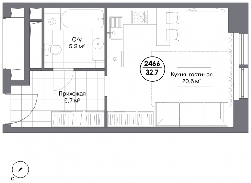 1-комнатная квартира (Студия) с отделкой в ЖК Прокшино на 4 этаже в 5 секции. Сдача в 2 кв. 2026 г.