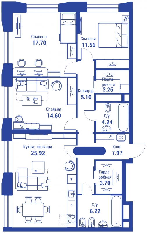 4-комнатная квартира с отделкой в ЖК Прокшино на 4 этаже в 1 секции. Сдача в 2 кв. 2026 г.