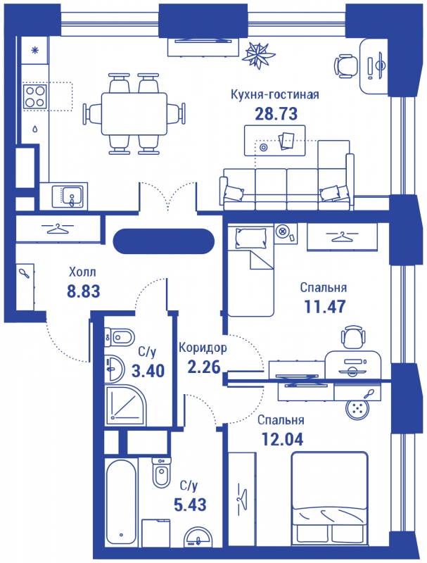 3-комнатная квартира в ЖК Прокшино на 7 этаже в 2 секции. Сдача в 1 кв. 2026 г.