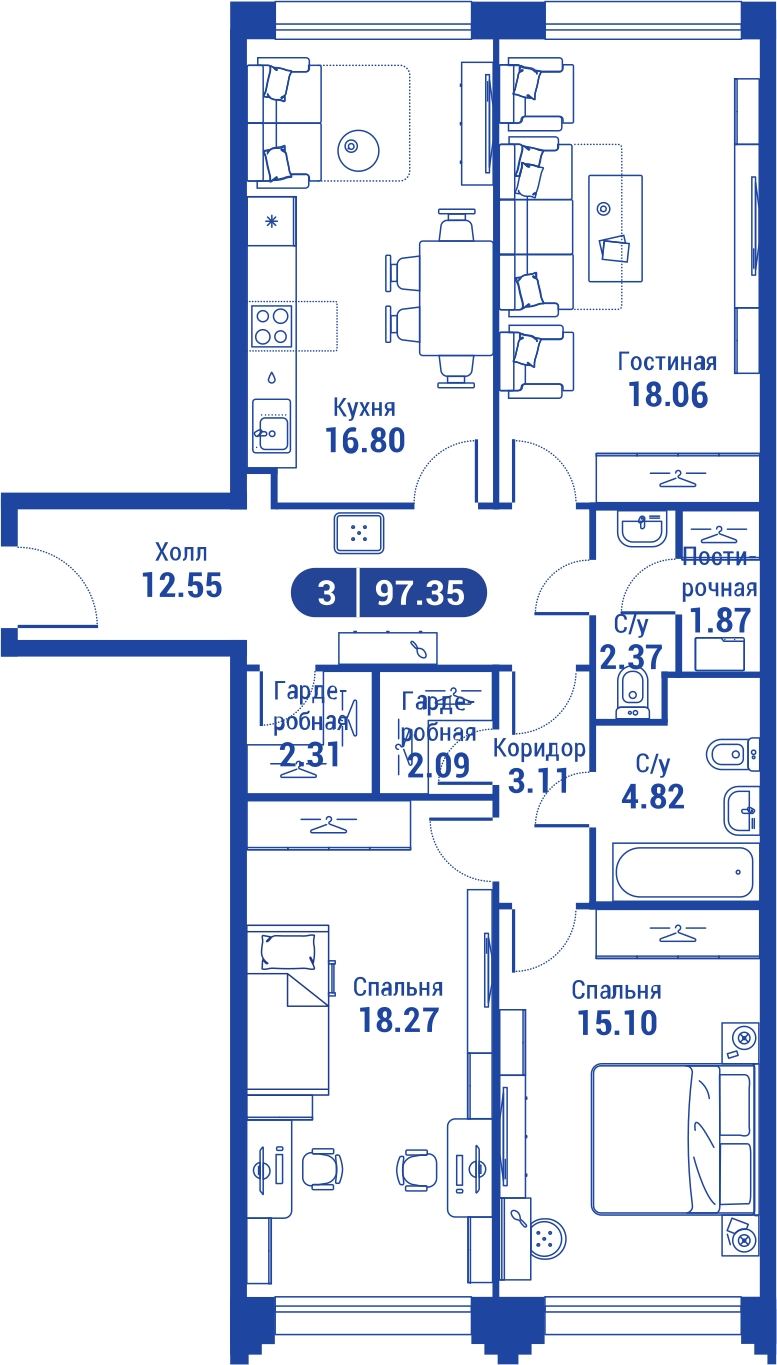 3-комнатная квартира в ЖК Прокшино на 10 этаже в 2 секции. Сдача в 1 кв. 2026 г.