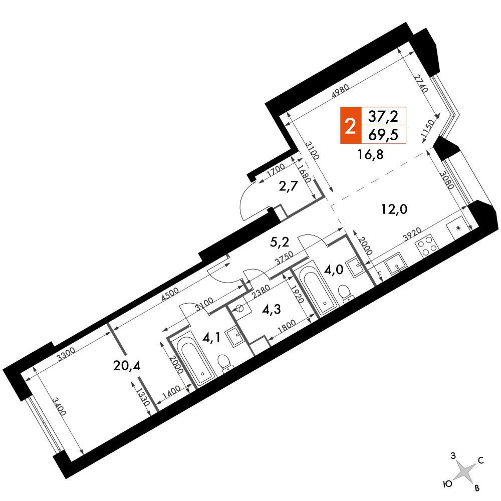 1-комнатная квартира (Студия) с отделкой в ЖК Большая Очаковская 2 на 33 этаже в 1 секции. Сдача в 2 кв. 2025 г.