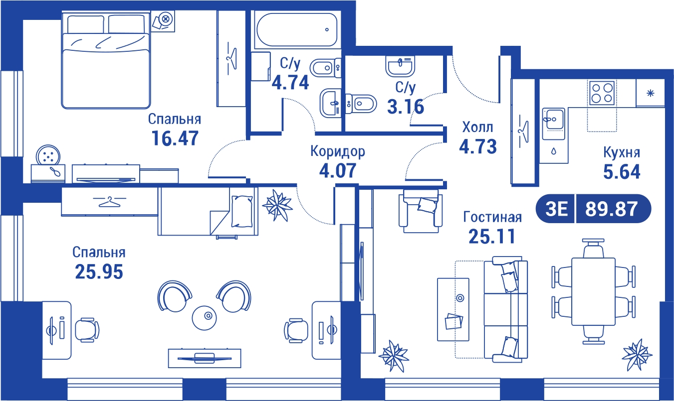 3-комнатная квартира в ЖК Прокшино на 3 этаже в 3 секции. Сдача в 1 кв. 2026 г.