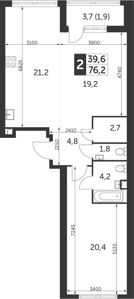 2-комнатная квартира с отделкой в ЖК Прокшино на 7 этаже в 1 секции. Сдача в 2 кв. 2026 г.