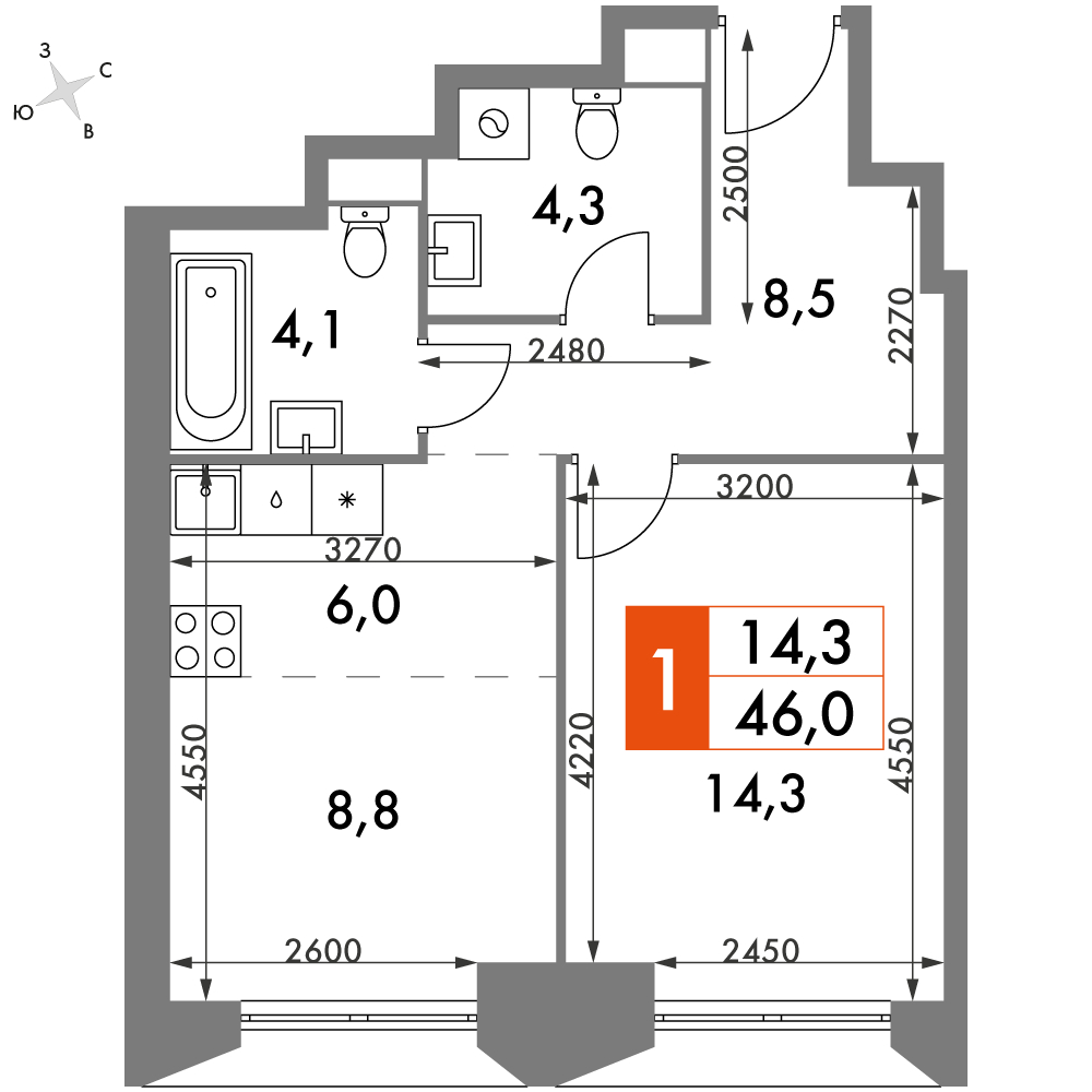 1-комнатная квартира с отделкой в ЖК Середневский лес на 14 этаже в 3 секции. Сдача в 1 кв. 2025 г.