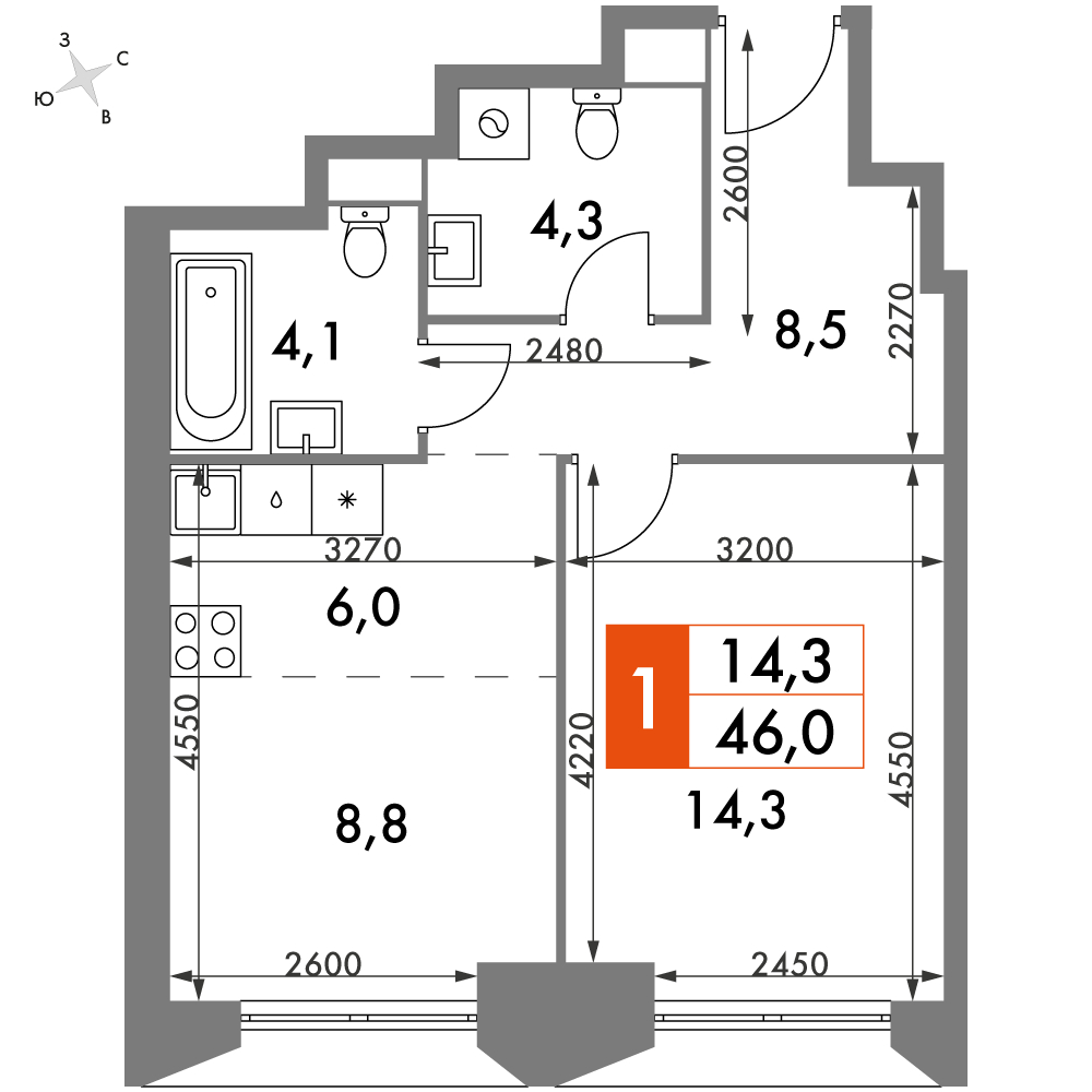 3-комнатная квартира в ЖК iLove на 14 этаже в 6 секции. Сдача в 4 кв. 2023 г.