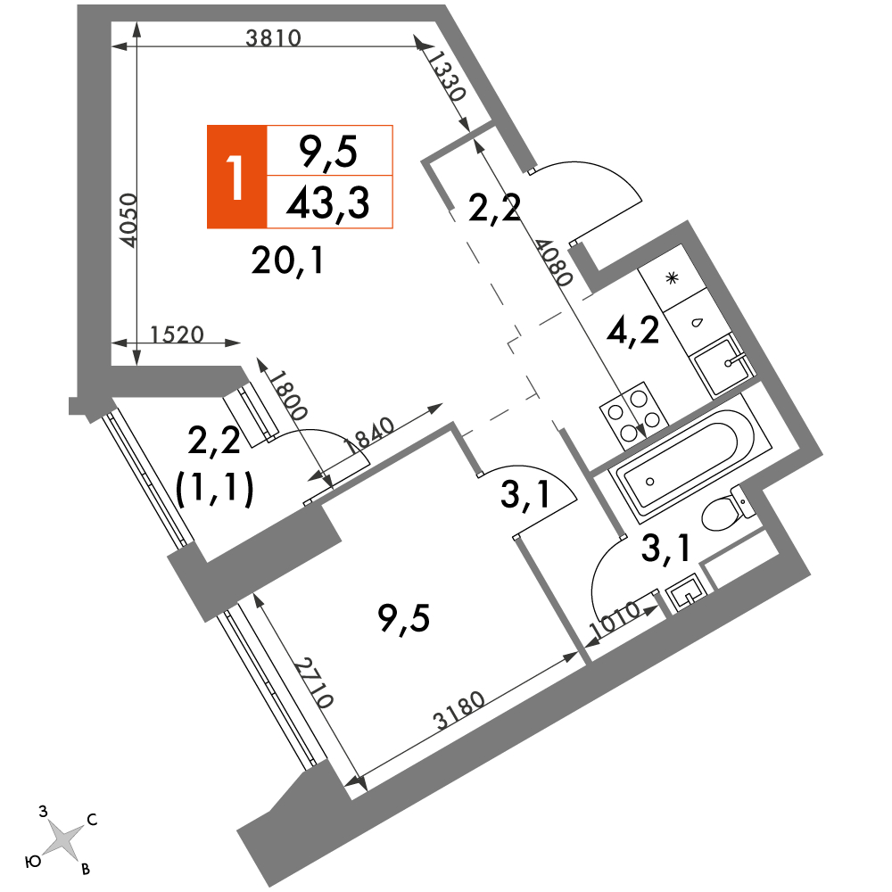 4-комнатная квартира с отделкой в ЖК Прокшино на 9 этаже в 1 секции. Сдача в 2 кв. 2026 г.