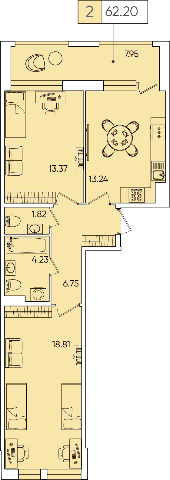 2-комнатная квартира с отделкой в ЖК Большая Очаковская 2 на 27 этаже в 1 секции. Сдача в 2 кв. 2025 г.