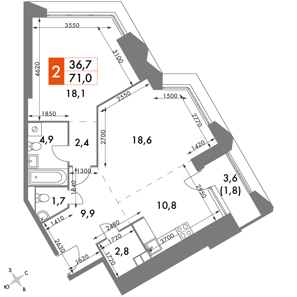 2-комнатная квартира в ЖК iLove на 6 этаже в 6 секции. Сдача в 4 кв. 2023 г.