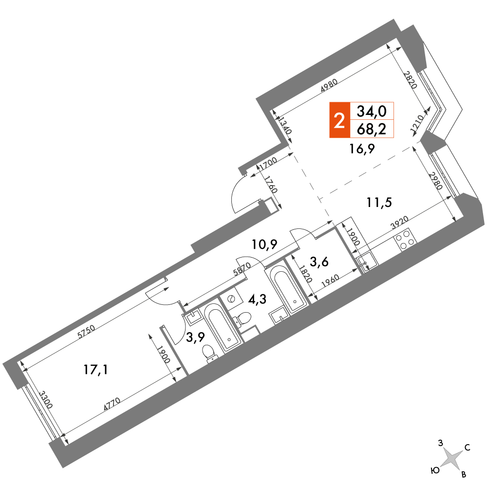 1-комнатная квартира (Студия) с отделкой в ЖК Прокшино на 11 этаже в 1 секции. Сдача в 2 кв. 2026 г.