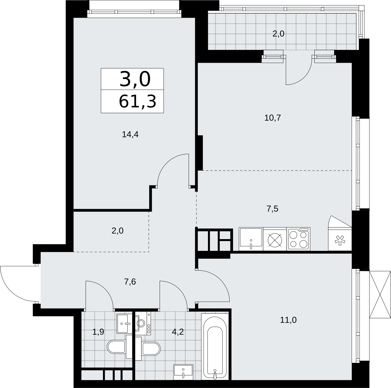 3-комнатная квартира в ЖК Wellton Towers на 46 этаже в 1 секции. Сдача в 3 кв. 2021 г.