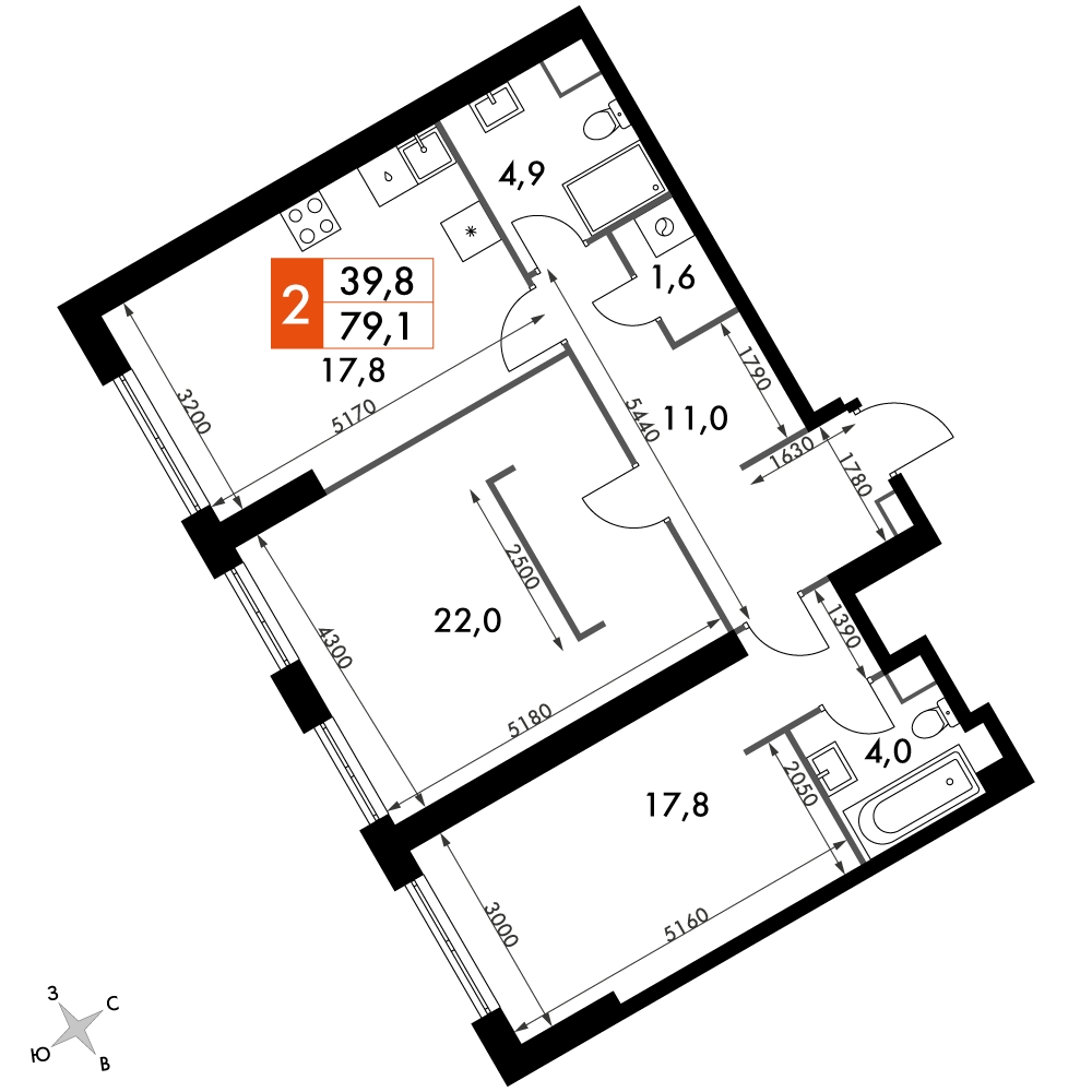 2-комнатная квартира в ЖК iLove на 5 этаже в 2 секции. Сдача в 4 кв. 2023 г.