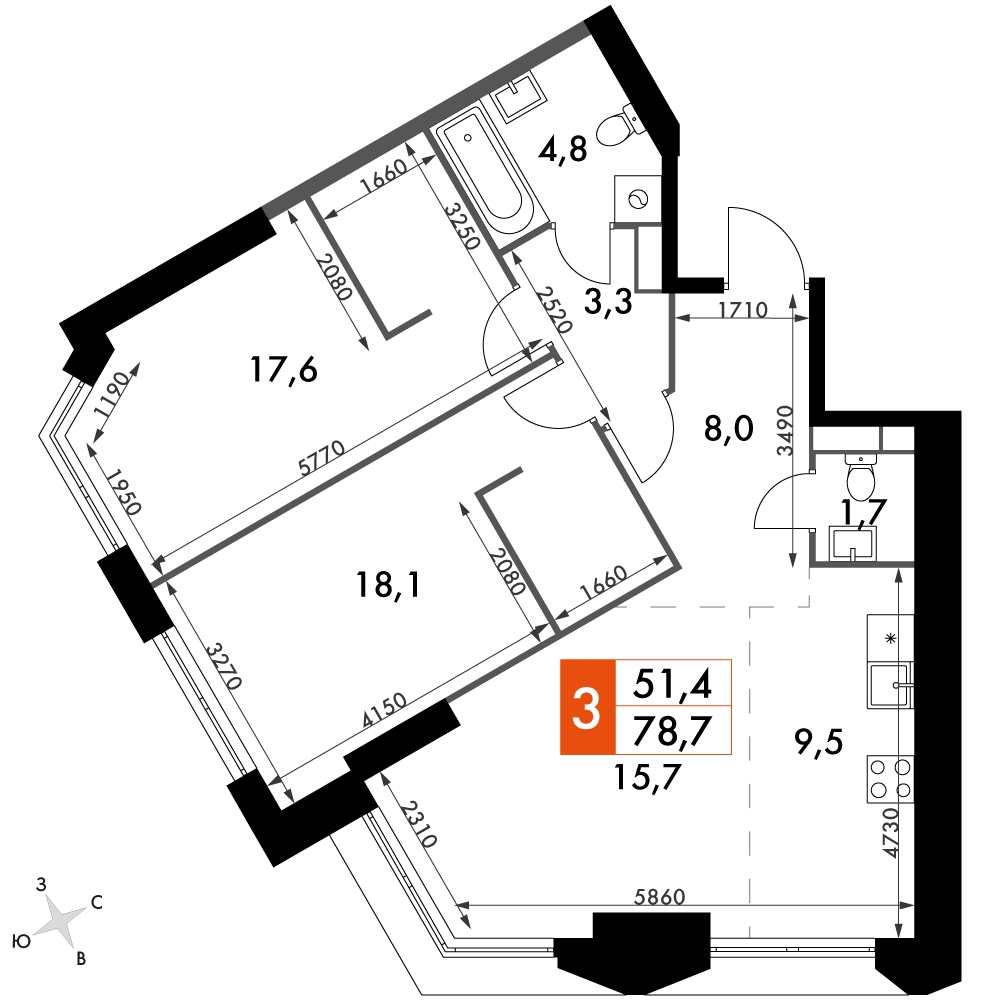 3-комнатная квартира в ЖК iLove на 6 этаже в 2 секции. Сдача в 4 кв. 2023 г.