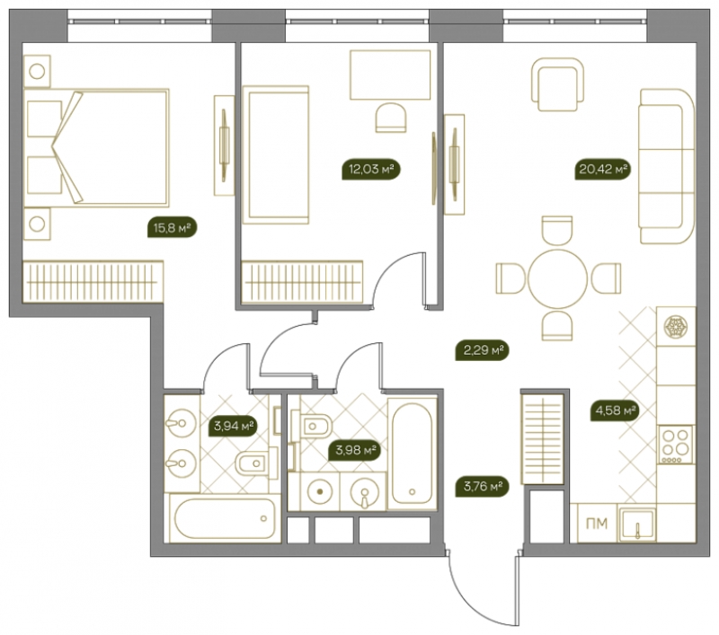 3-комнатная квартира в ЖК iLove на 12 этаже в 2 секции. Сдача в 1 кв. 2022 г.