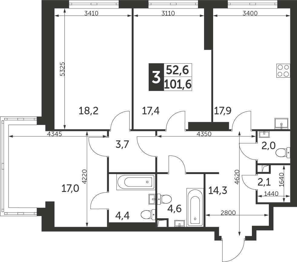 3-комнатная квартира в ЖК iLove на 2 этаже в 9 секции. Сдача в 4 кв. 2023 г.
