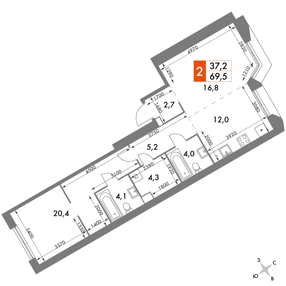 3-комнатная квартира в ЖК iLove на 2 этаже в 4 секции. Сдача в 4 кв. 2023 г.