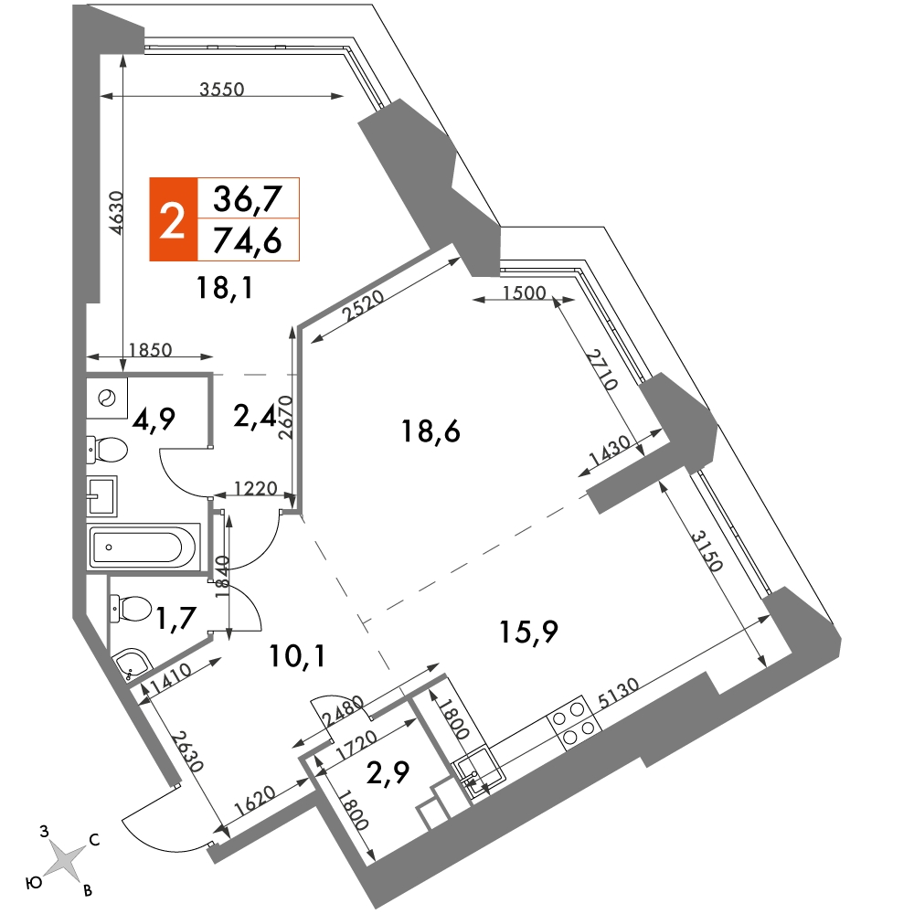 3-комнатная квартира в ЖК iLove на 4 этаже в 4 секции. Сдача в 4 кв. 2023 г.