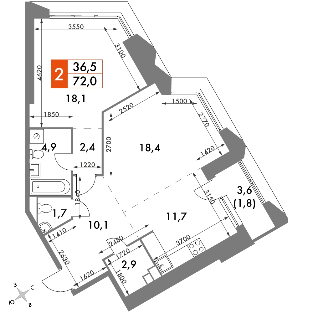 3-комнатная квартира в ЖК iLove на 2 этаже в 6 секции. Сдача в 4 кв. 2023 г.