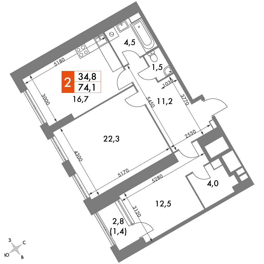 2-комнатная квартира с отделкой в ЖК Russian Design District на 13 этаже в 1 секции. Сдача в 4 кв. 2021 г.
