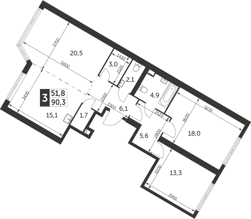 3-комнатная квартира в ЖК iLove на 2 этаже в 2 секции. Сдача в 4 кв. 2023 г.