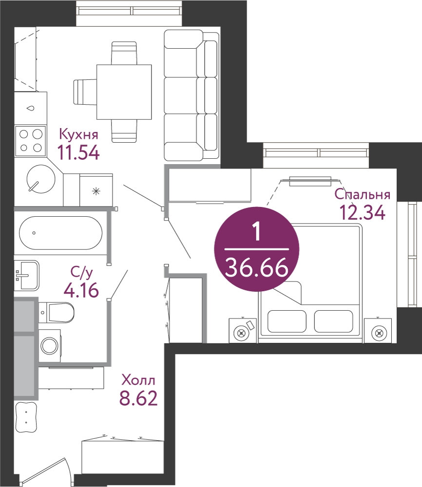 1-комнатная квартира в ЖК iLove на 3 этаже в 2 секции. Сдача в 4 кв. 2023 г.