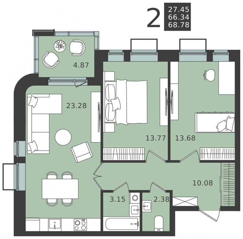 3-комнатная квартира с отделкой в ЖК iLove на 13 этаже в 3 секции. Сдача в 3 кв. 2024 г.