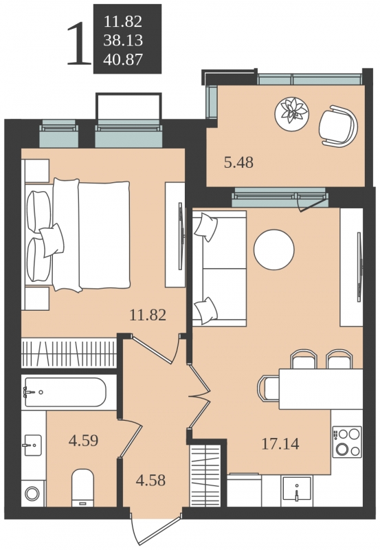 1-комнатная квартира в ЖК iLove на 8 этаже в 2 секции. Сдача в 4 кв. 2023 г.