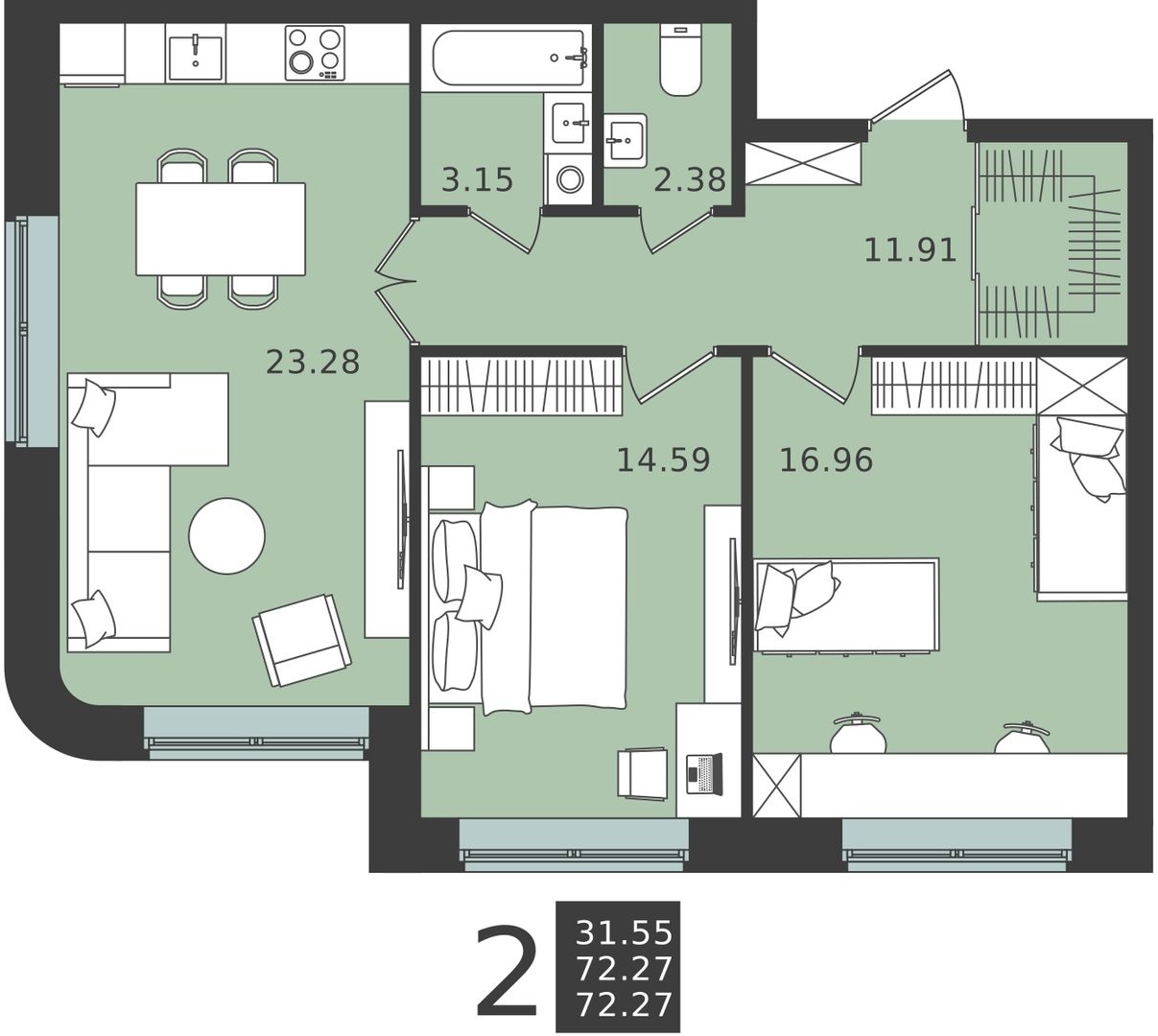 2-комнатная квартира в ЖК iLove на 4 этаже в 2 секции. Сдача в 4 кв. 2023 г.