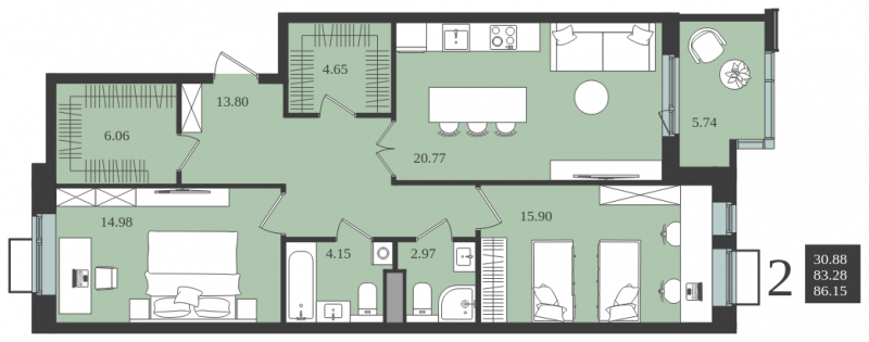 3-комнатная квартира в ЖК iLove на 2 этаже в 4 секции. Сдача в 4 кв. 2023 г.