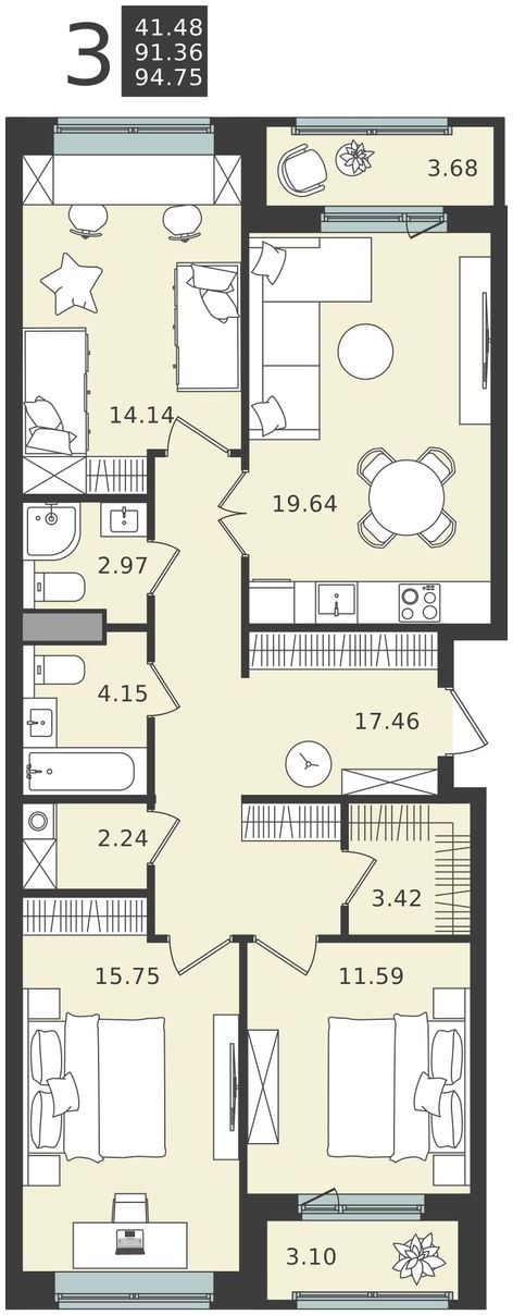 3-комнатная квартира в ЖК iLove на 11 этаже в 7 секции. Сдача в 4 кв. 2023 г.