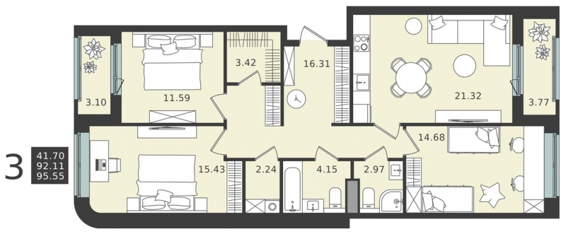 3-комнатная квартира в ЖК iLove на 3 этаже в 7 секции. Сдача в 4 кв. 2023 г.