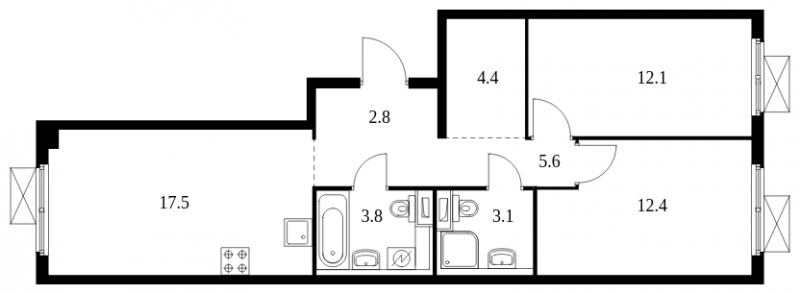 3-комнатная квартира с отделкой в ЖК Прокшино на 4 этаже в 4 секции. Сдача в 2 кв. 2026 г.