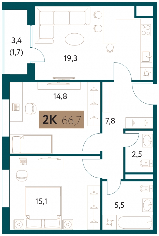 2-комнатная квартира в ЖК iLove на 24 этаже в 3 секции. Сдача в 4 кв. 2023 г.