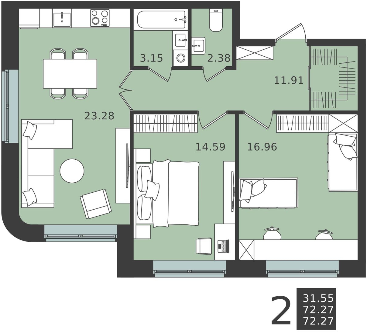 2-комнатная квартира в ЖК Holland park на 3 этаже в 2 секции. Сдача в 4 кв. 2023 г.
