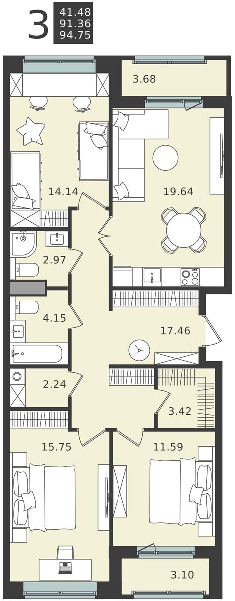 2-комнатная квартира в ЖК Настоящее на 7 этаже в 1 секции. Сдача в 4 кв. 2022 г.