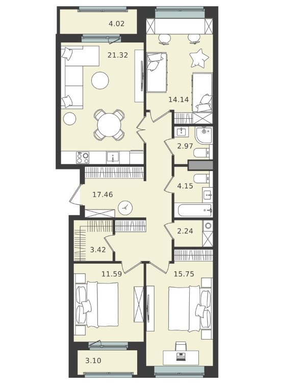 3-комнатная квартира в ЖК Мишино-2 на 1 этаже в 1 секции. Сдача в 1 кв. 2024 г.