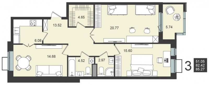 4-комнатная квартира с отделкой в ЖК Настоящее на 12 этаже в 1 секции. Сдача в 4 кв. 2022 г.