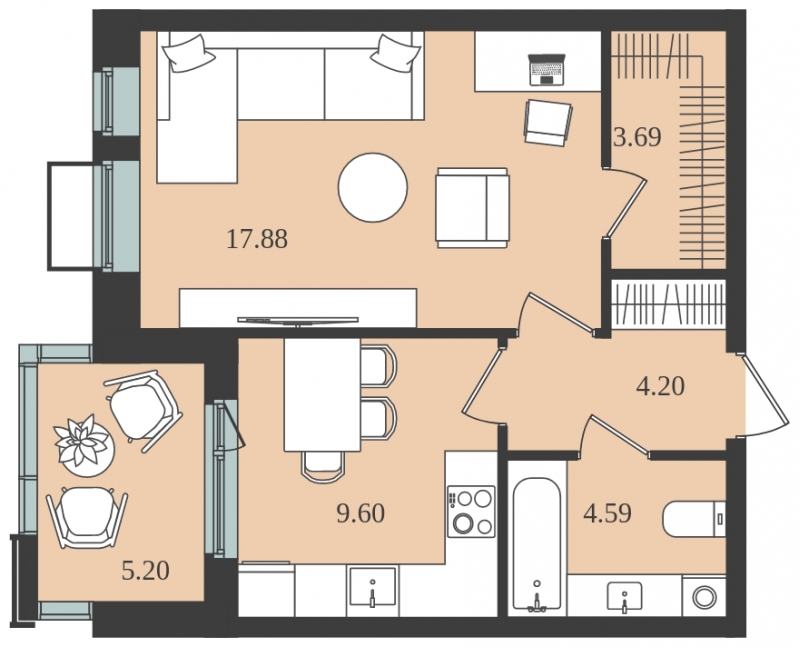 1-комнатная квартира в ЖК Созидатели на 8 этаже в 1 секции. Сдача в 1 кв. 2023 г.