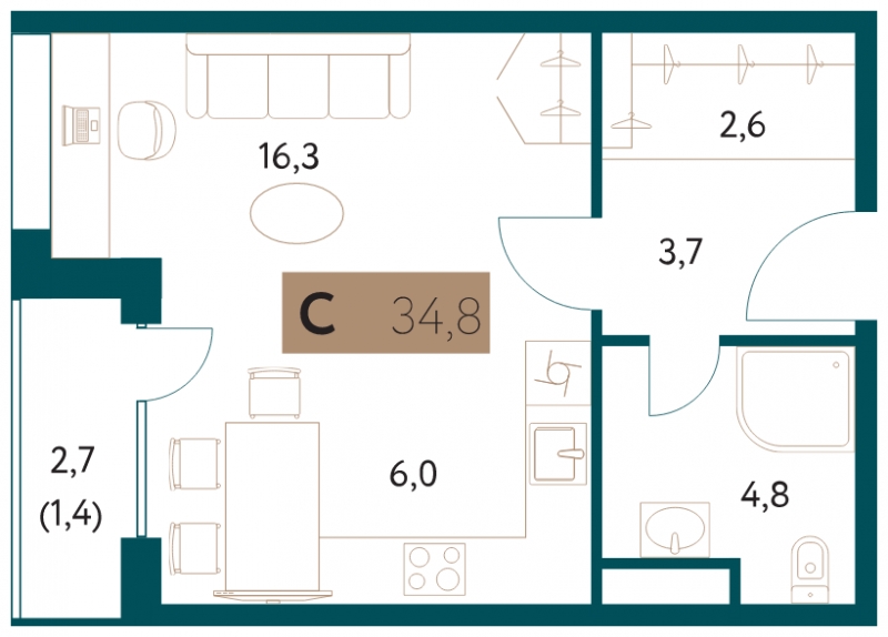 1-комнатная квартира (Студия) с отделкой в ЖК Аквилон SKY на 24 этаже в 2 секции. Сдача в 3 кв. 2022 г.