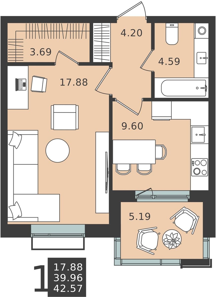 1-комнатная квартира (Студия) с отделкой в ЖК Середневский лес на 14 этаже в 6 секции. Сдача в 1 кв. 2025 г.