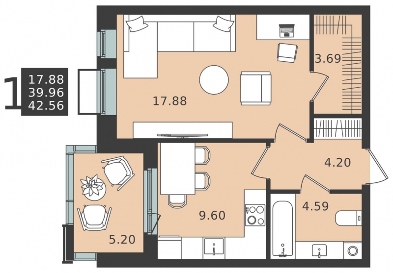 1-комнатная квартира (Студия) с отделкой в ЖК Середневский лес на 3 этаже в 5 секции. Сдача в 2 кв. 2025 г.