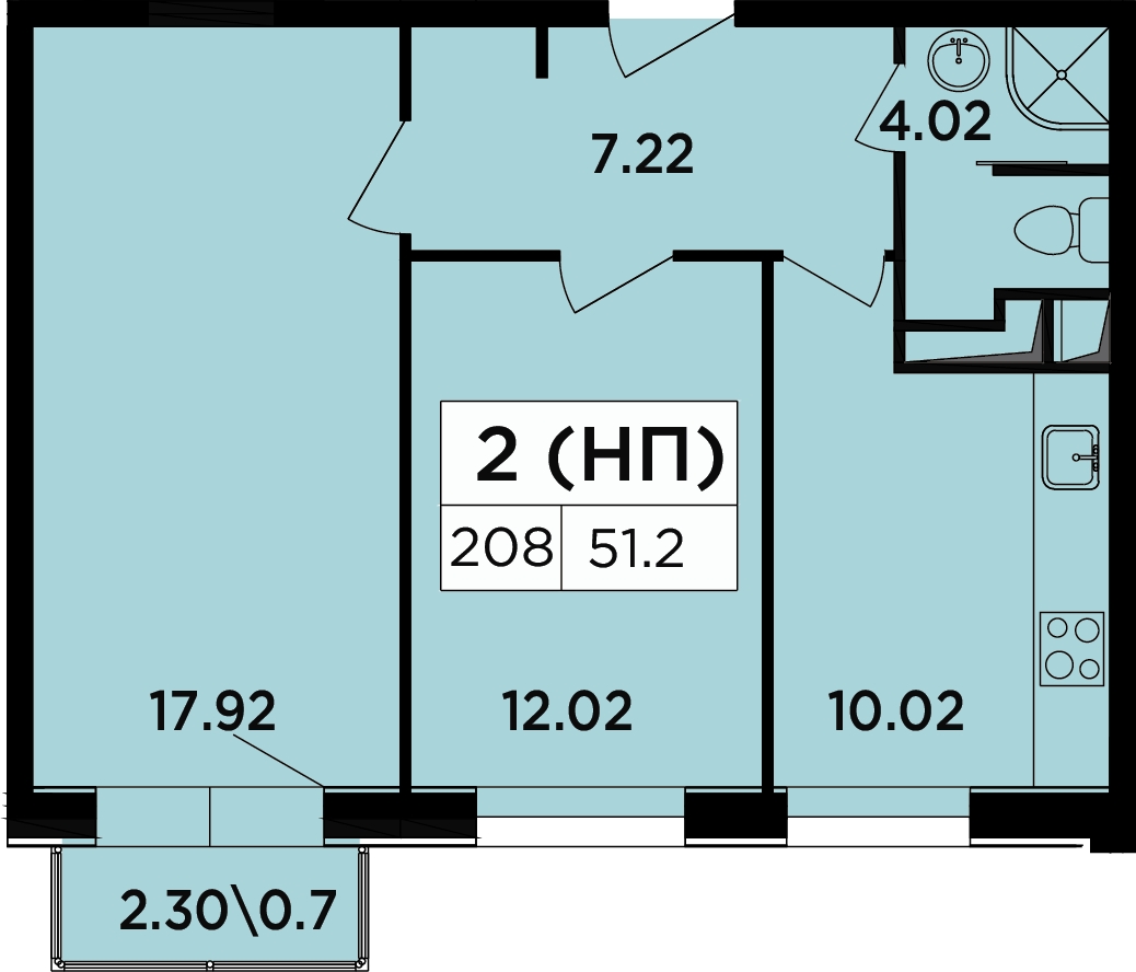 2-комнатная квартира в ЖК Легендарный Квартал на Березовой  аллее на 14 этаже в 2 секции. Сдача в 3 кв. 2019 г.