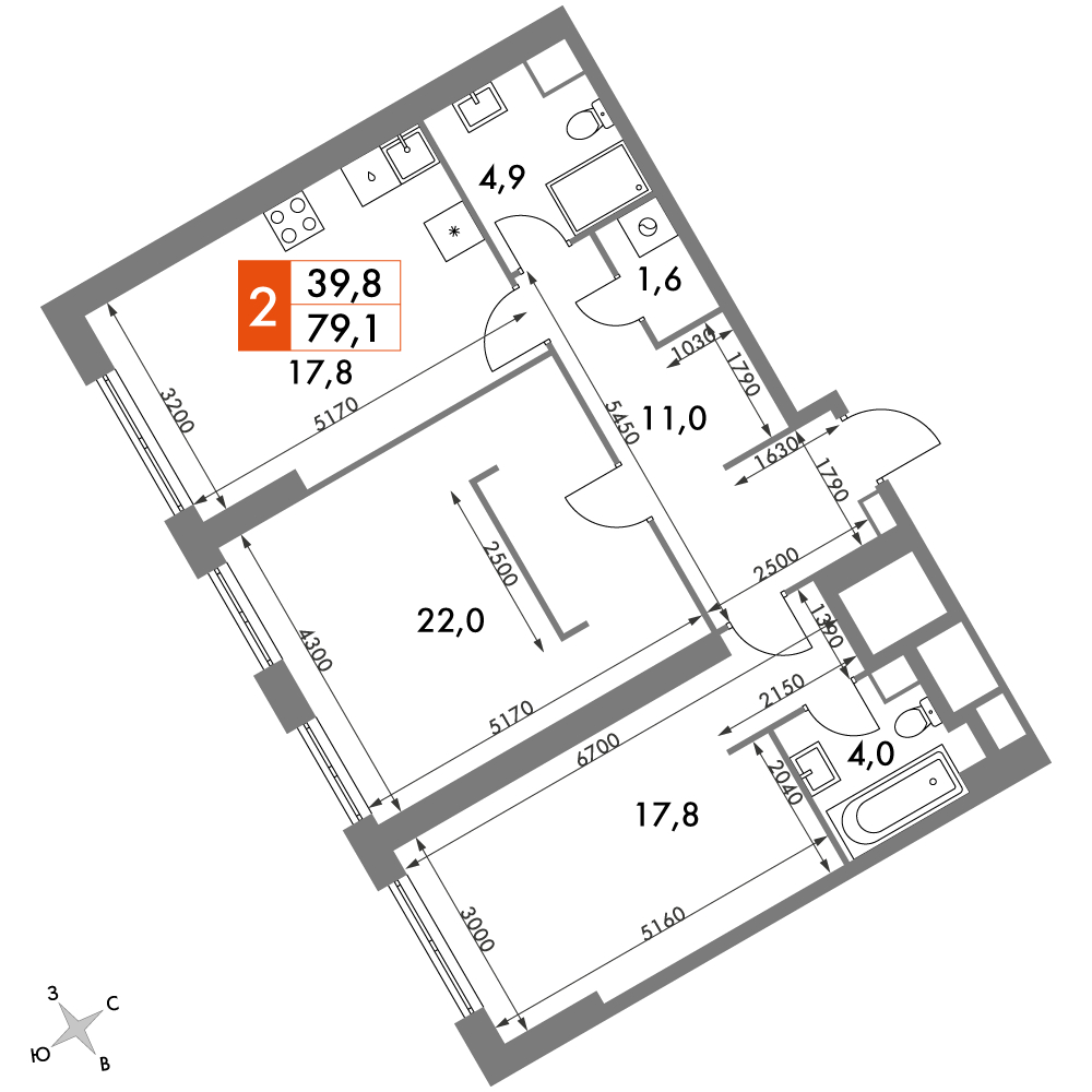 2-комнатная квартира в ЖК Митинский лес на 17 этаже в 4 секции. Сдача в 2 кв. 2022 г.