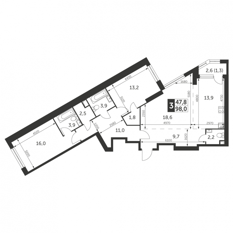 3-комнатная квартира с отделкой в ЖК Архитектор на 12 этаже в 3 секции. Сдача в 4 кв. 2023 г.