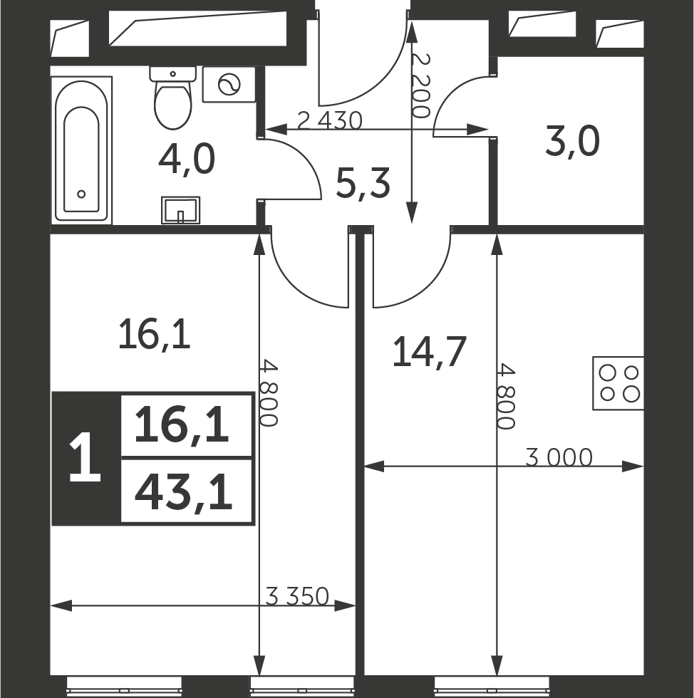 1-комнатная квартира в ЖК Мишино-2 на 2 этаже в 1 секции. Сдача в 1 кв. 2024 г.