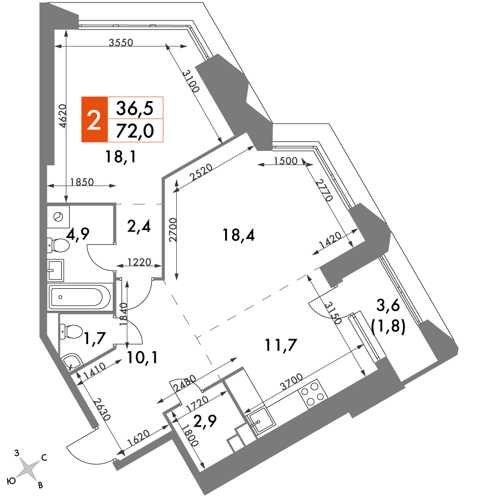 2-комнатная квартира в ЖК Russian Design District на 11 этаже в 1 секции. Сдача в 1 кв. 2022 г.