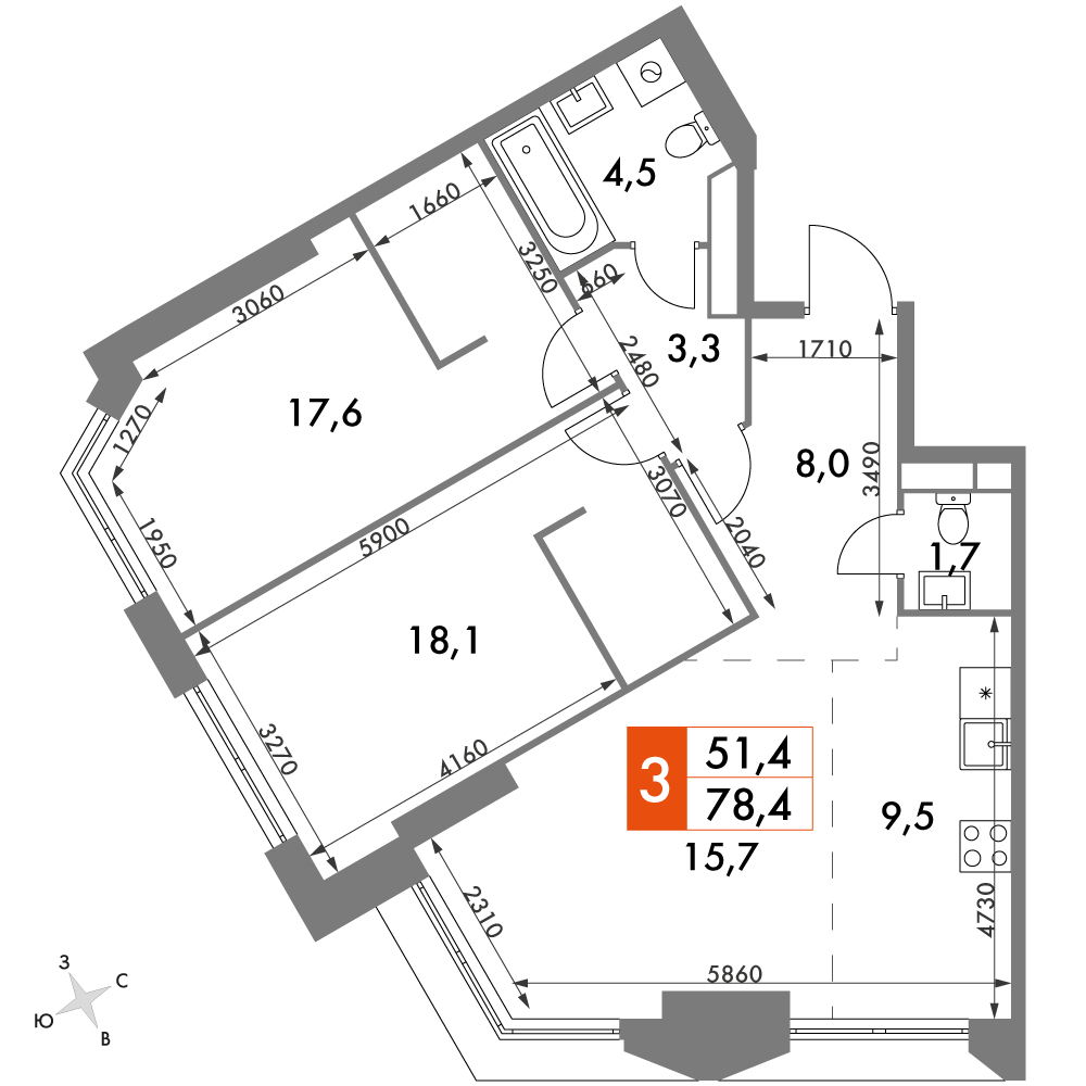 2-комнатная квартира в ЖК Архитектор на 42 этаже в 1 секции. Сдача в 4 кв. 2023 г.