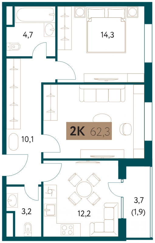 2-комнатная квартира в ЖК Настоящее на 5 этаже в 9 секции. Сдача в 4 кв. 2022 г.