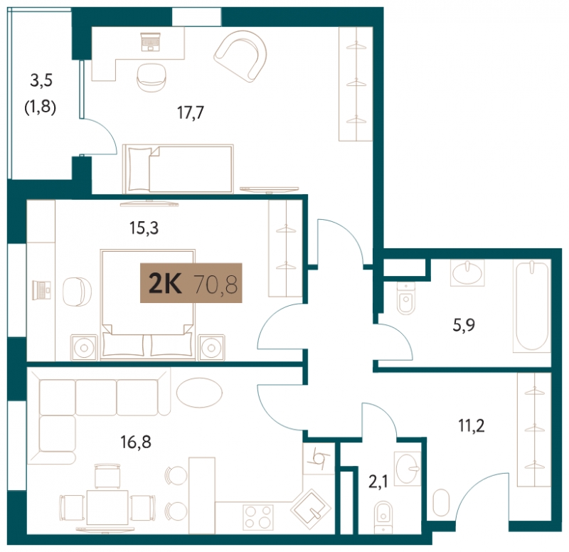2-комнатная квартира в ЖК Настоящее на 7 этаже в 5 секции. Сдача в 4 кв. 2022 г.