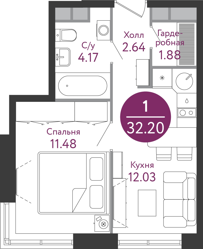 1-комнатная квартира в Микрорайон Центральный на 22 этаже в 1 секции. Дом сдан.