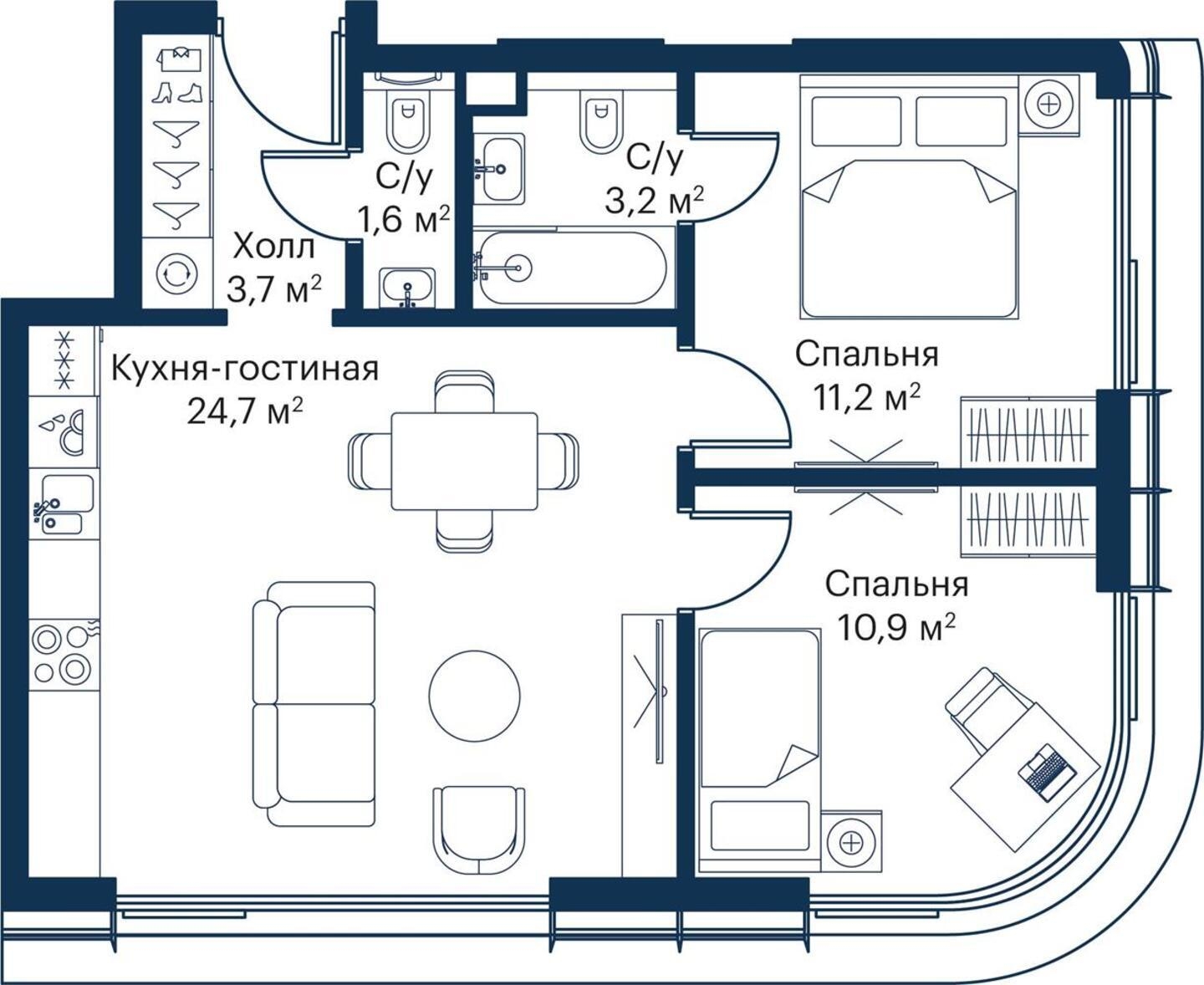 2-комнатная квартира с отделкой в ЖК City Bay на 27 этаже в 1 секции. Сдача в 3 кв. 2025 г.